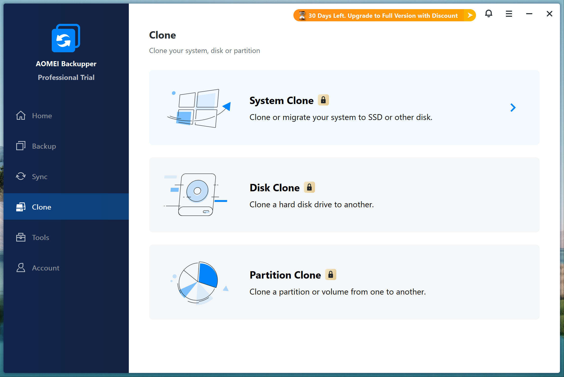 AOMEI Backupper Clone screen with System Clone, Disk Clone, and Partition Clone