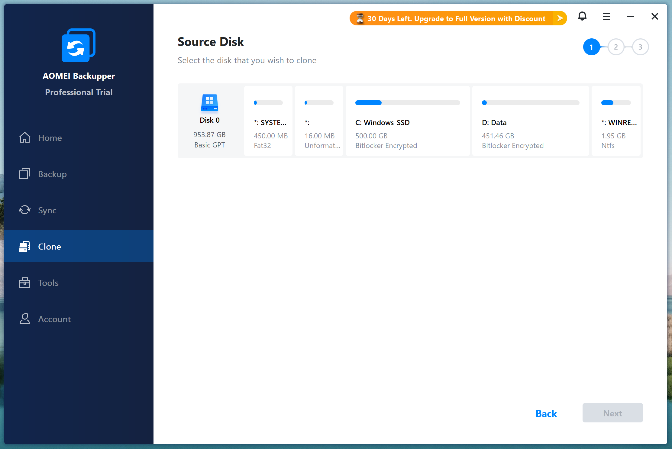 AOMEI Backupper source disk selection showing the GPT disk and its partitions