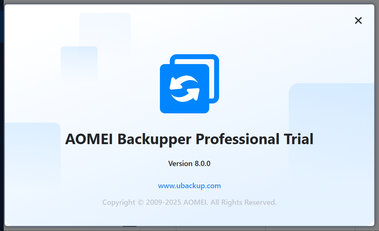 AOMEI Backupper Professional Trial version 8.0.0 dialog