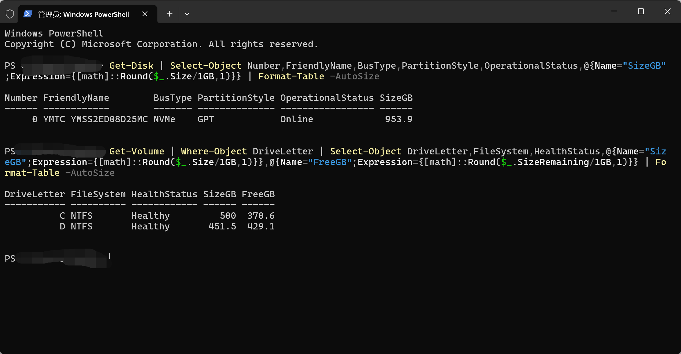 PowerShell Get-Disk and Get-Volume results showing one NVMe disk and C and D volumes